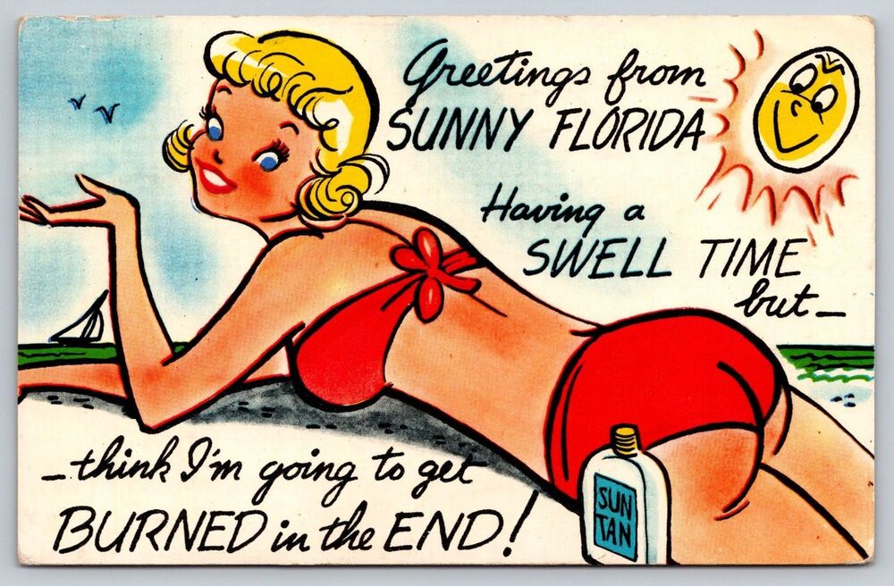 Vintage 1956 Florida Comic Postcard Bradenton Bikini Woman Suntan Humor Burned